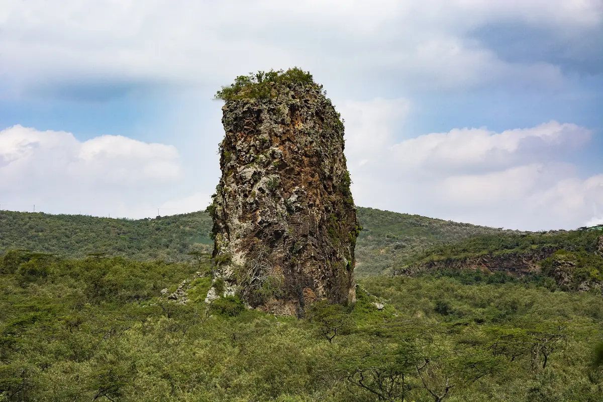 Fischer's Tower, a tall volcanic rock pillar rising from green bush in Hell's Gate