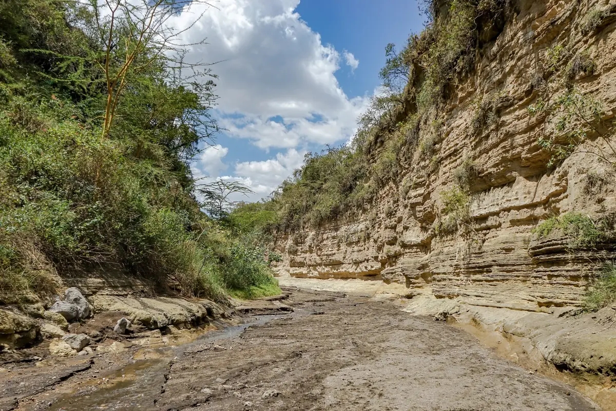 Tall gorge walls of layered ash rock above a dry streambed in Hell's Gate
