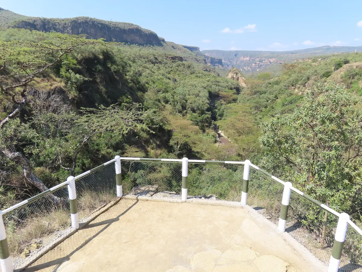 Uitkijkplatform met witte balustrade boven een groene kloof in Hell's Gate