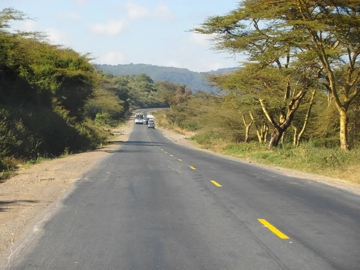 Tarred road between acacia trees on the way from Nairobi toward Naivasha
