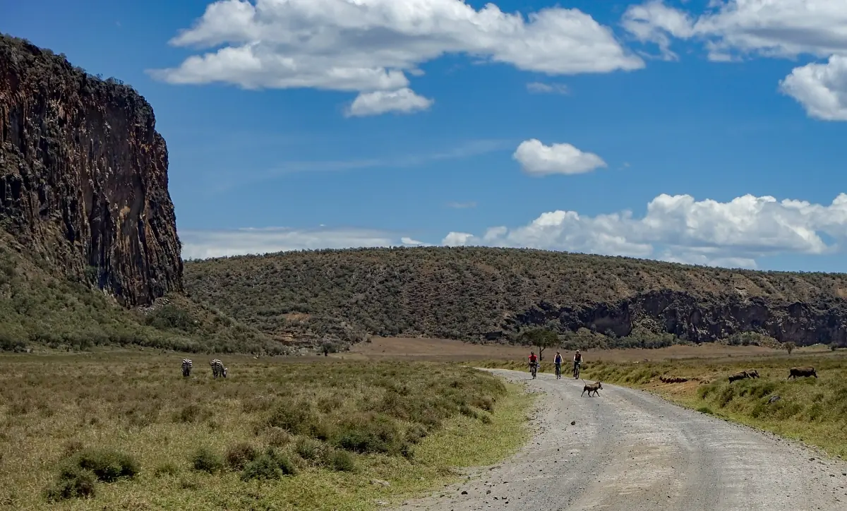 Wide gravel park track leading toward cliffs under a blue sky with clouds