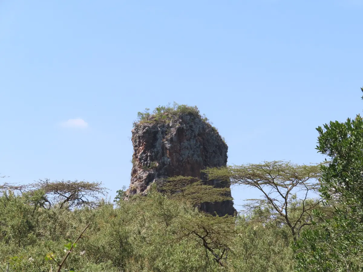 Rock pillar rising above acacia scrub and green bush in Hell's Gate National Park